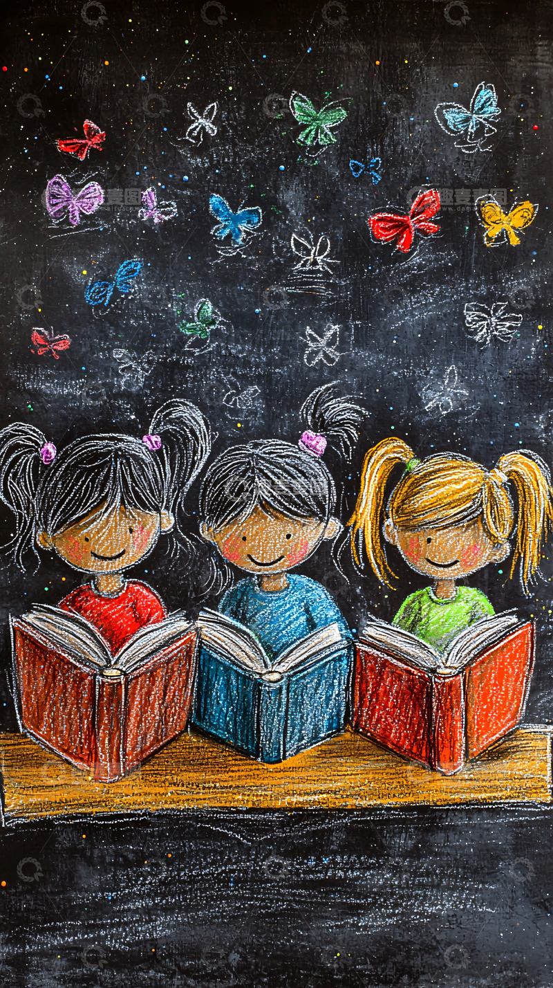高清大图下载【趣麦麦图】黑板画读书女孩