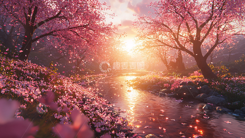 高清大图下载【趣麦麦图】唯美樱花树下小溪