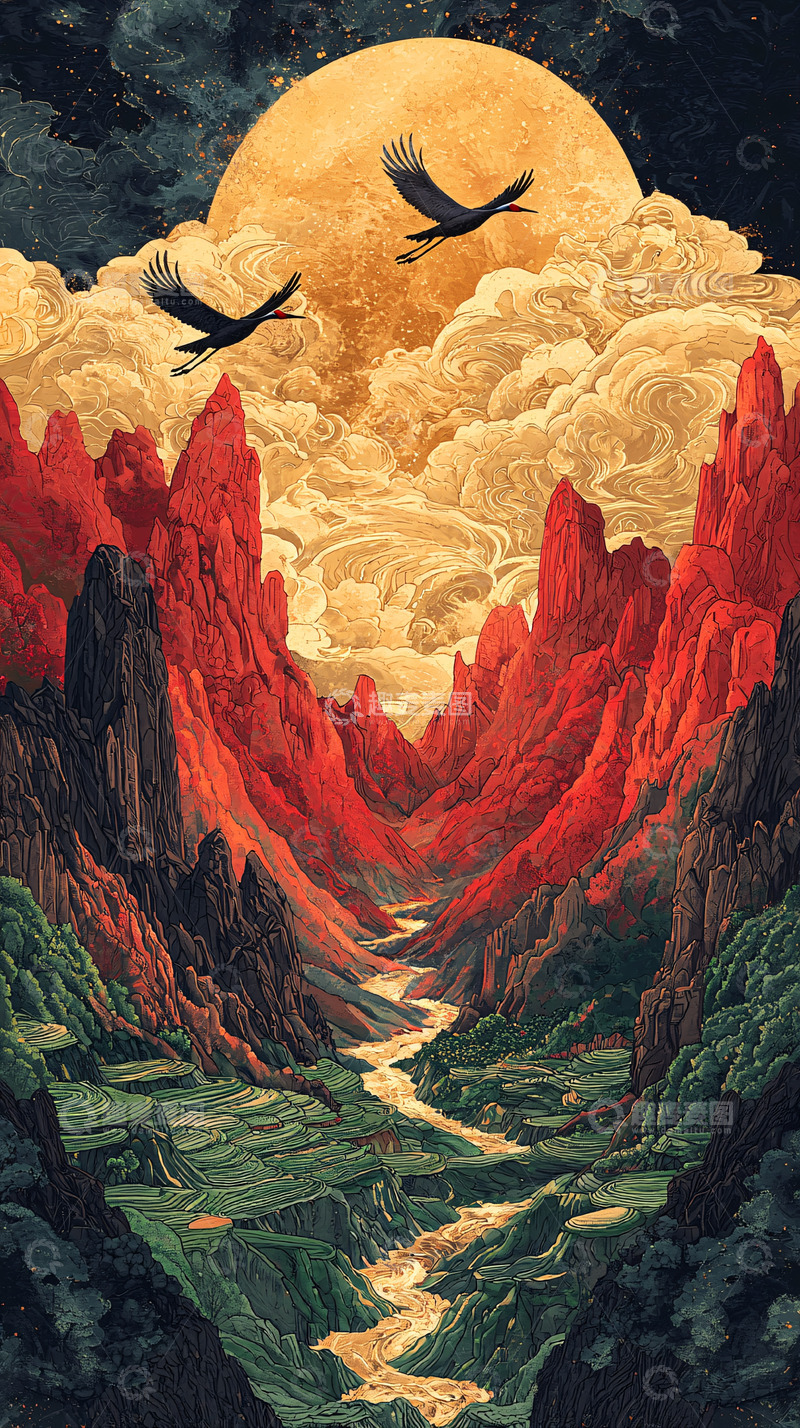 高清大图下载【趣麦麦图】月夜仙鹤峡谷
