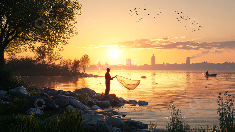 高清大图下载【趣麦麦图】日出时分渔夫捕鱼
