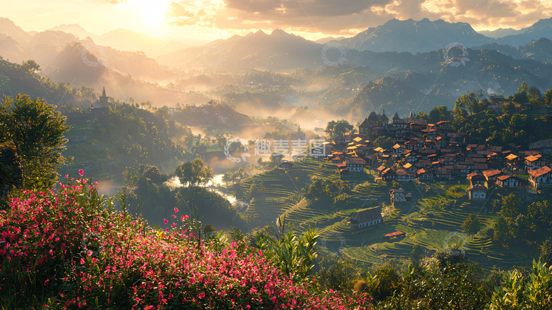 高清大图下载【趣麦麦图】清晨山谷小镇日出