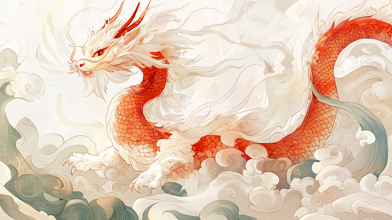 高清大图下载【趣麦麦图】红色祥龙水墨风格