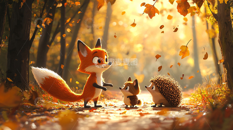 高清大图下载【趣麦麦图】秋天森林狐狸刺猬