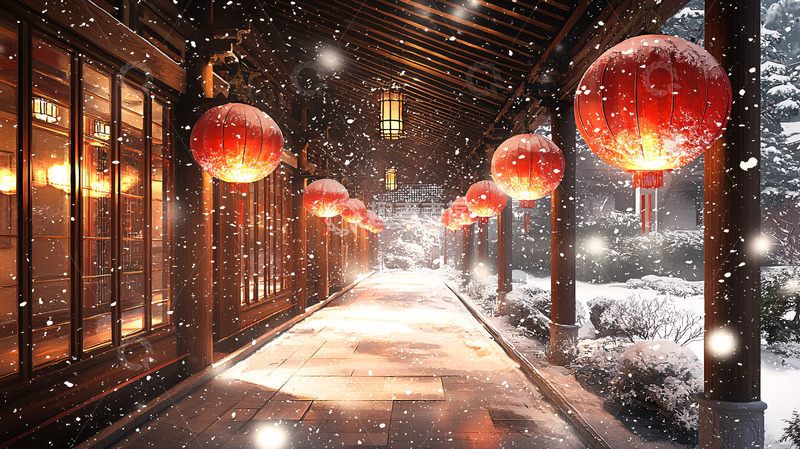高清大图下载【趣麦麦图】雪夜红灯笼古建筑