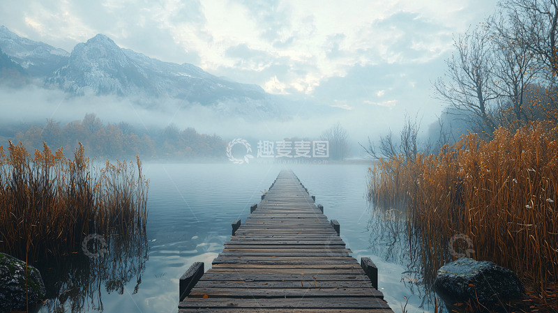 高清大图下载【趣麦麦图】雾气弥漫的木桥湖景