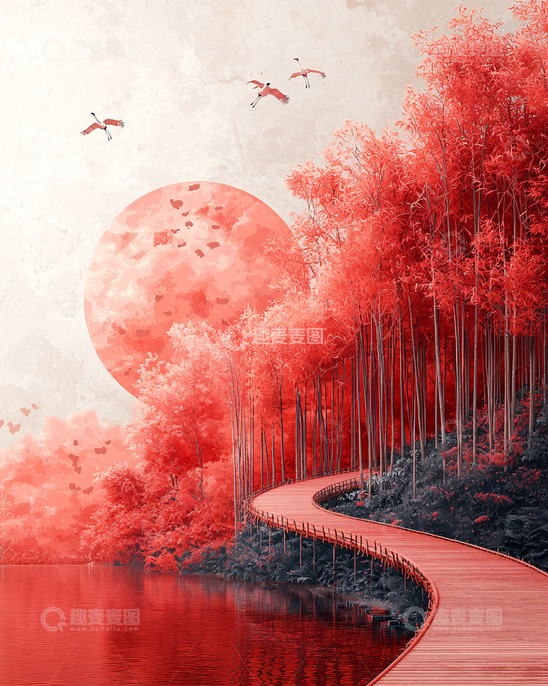 高清大图下载【趣麦麦图】红月竹林小径