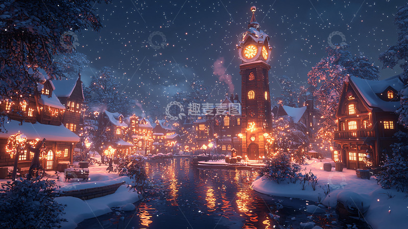 高清大图下载【趣麦麦图】雪夜小镇