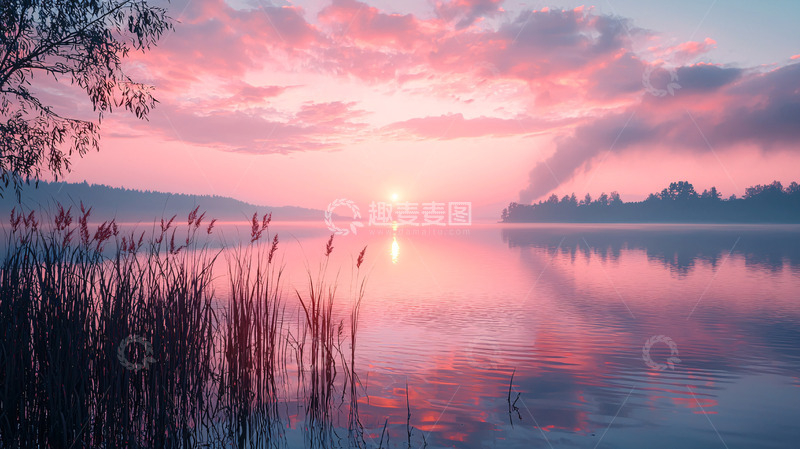 高清大图下载【趣麦麦图】粉红色天空下的宁静湖面