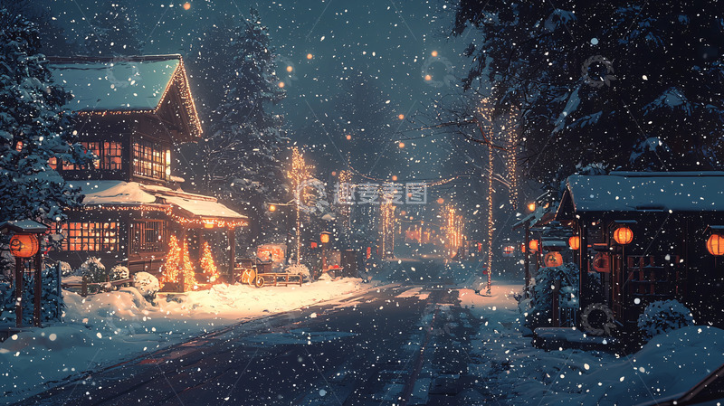 高清大图下载【趣麦麦图】雪夜村庄