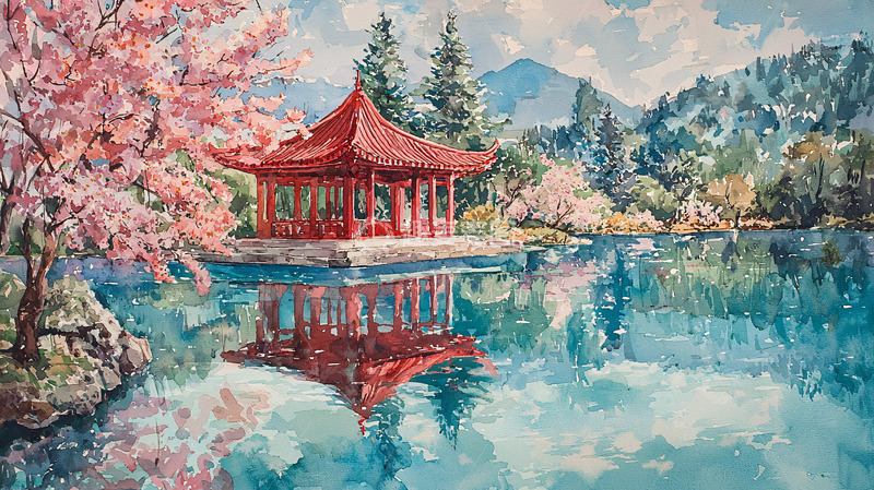高清大图下载【趣麦麦图】红亭倒影樱花湖