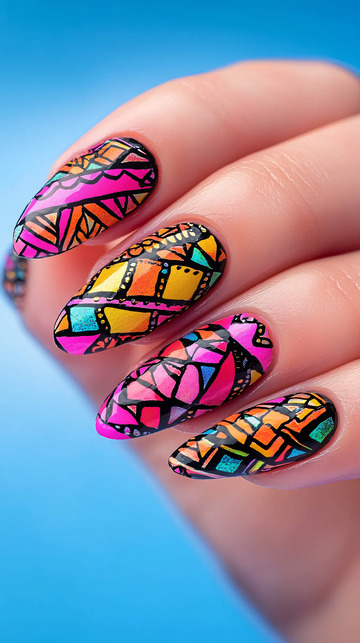 彩色几何图案美甲
