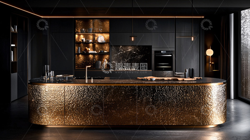 高清大图下载【趣麦麦图】奢华黑色金色现代厨房