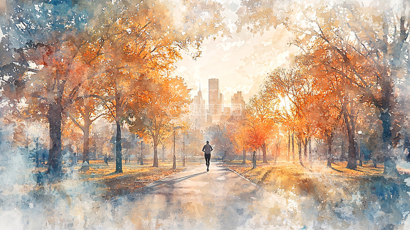 高清大图下载【趣麦麦图】秋日清晨公园慢跑者