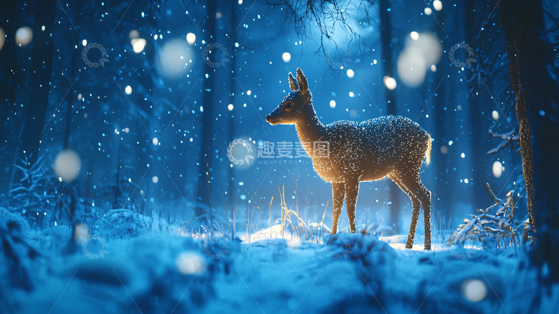 高清大图下载【趣麦麦图】冬夜森林小鹿