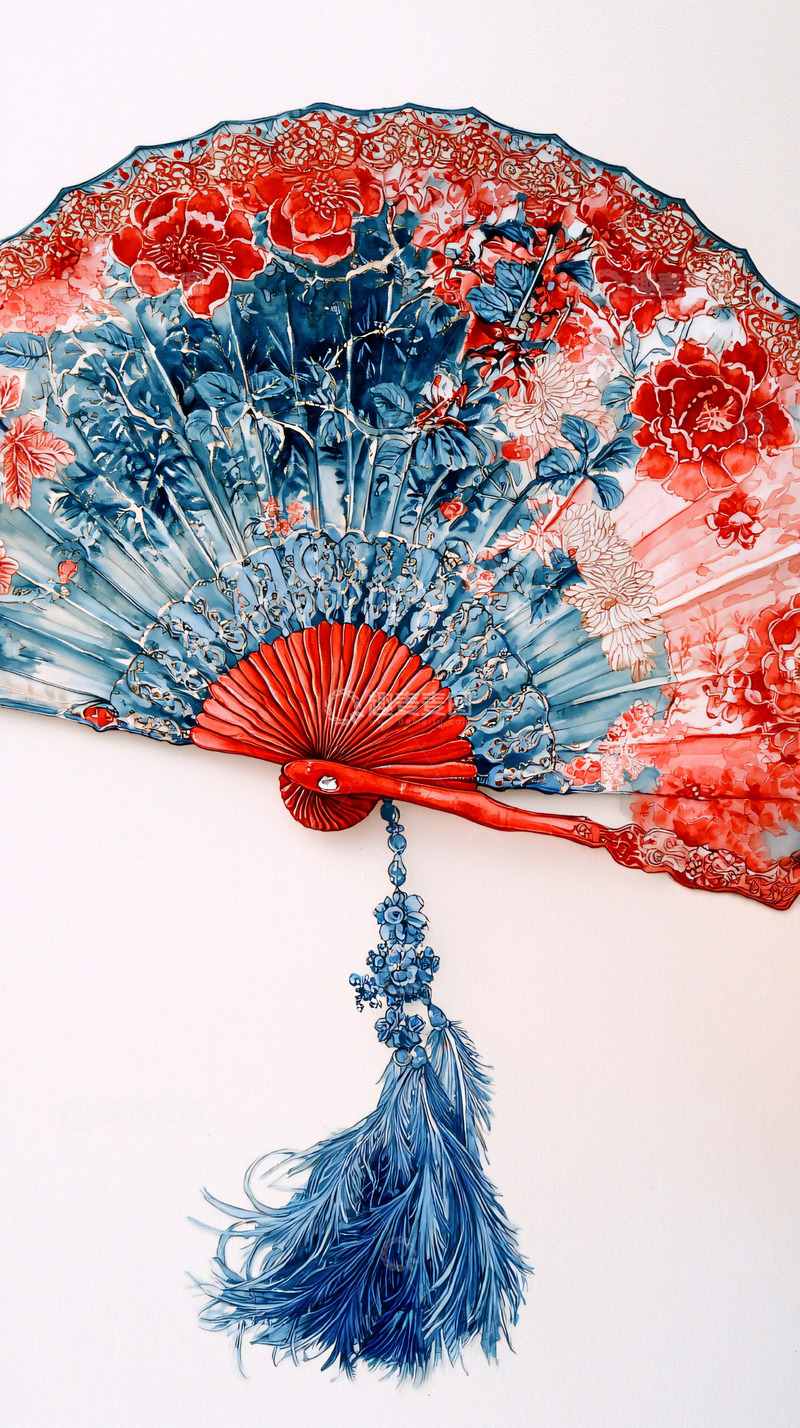 高清大图下载【趣麦麦图】红蓝花朵图案折扇