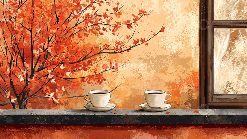 高清大图下载【趣麦麦图】秋日窗边两杯咖啡