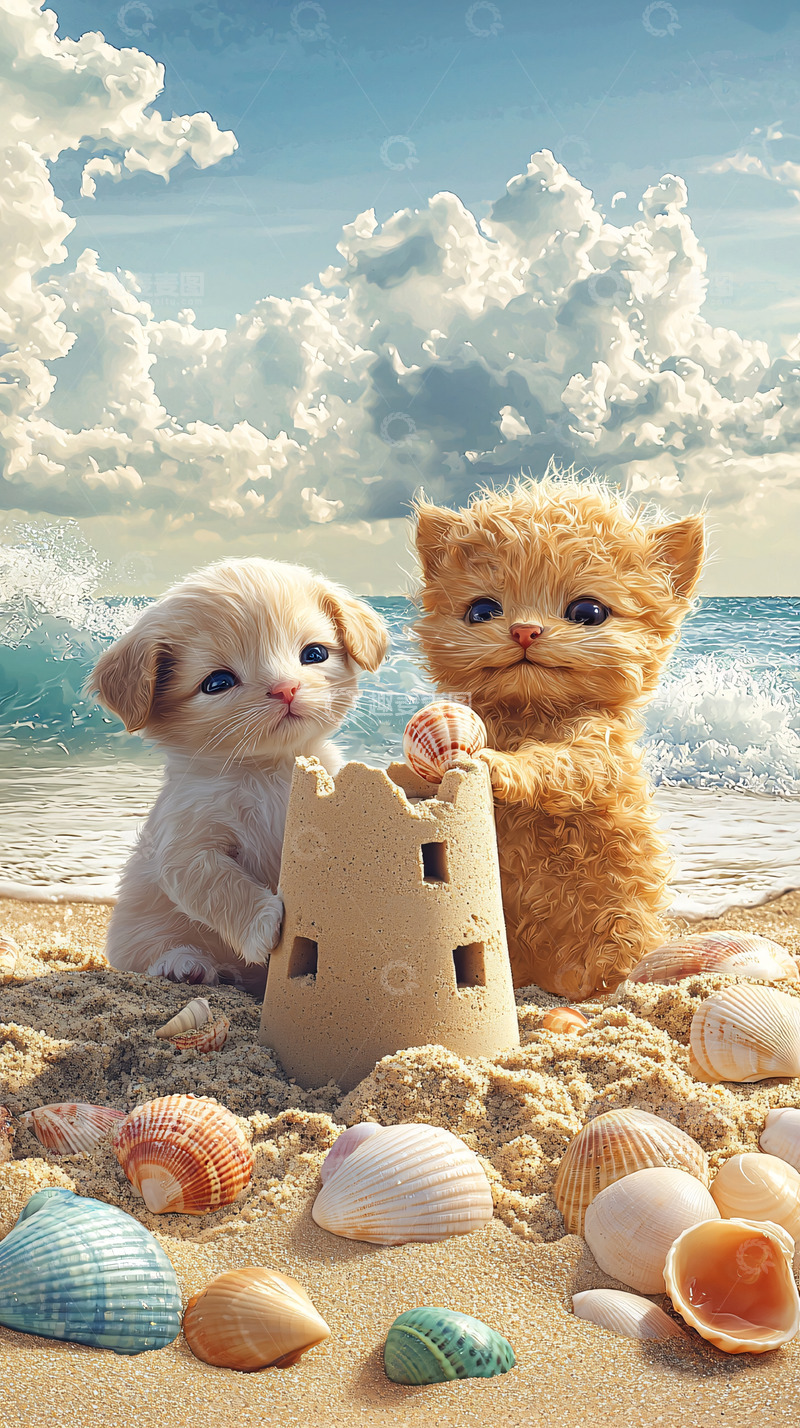 高清大图下载【趣麦麦图】沙滩上两只可爱的小猫玩沙子