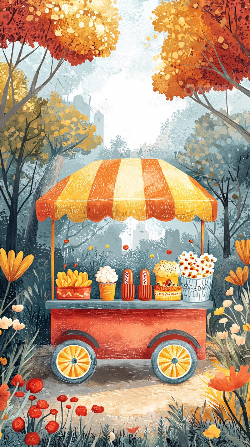 高清大图下载【趣麦麦图】秋日公园里的小吃车
