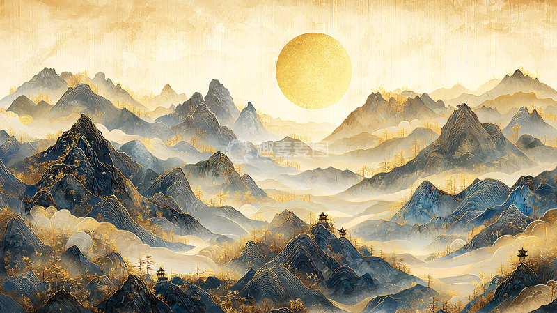 高清大图下载【趣麦麦图】水墨山水金色太阳