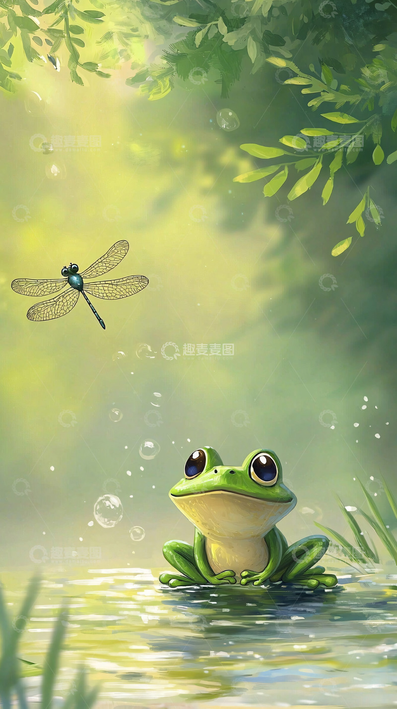 高清大图下载【趣麦麦图】青蛙和蜻蜓的清新水彩画