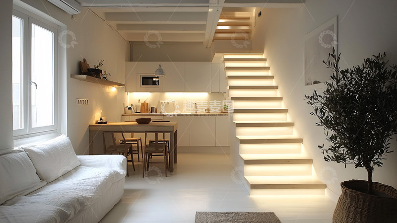 高清大图下载【趣麦麦图】极简白色客厅楼梯厨房
