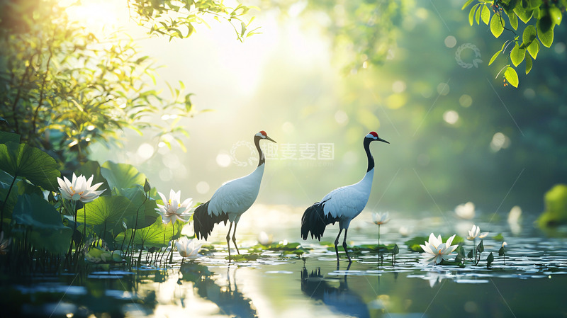 高清大图下载【趣麦麦图】清晨阳光下的丹顶鹤