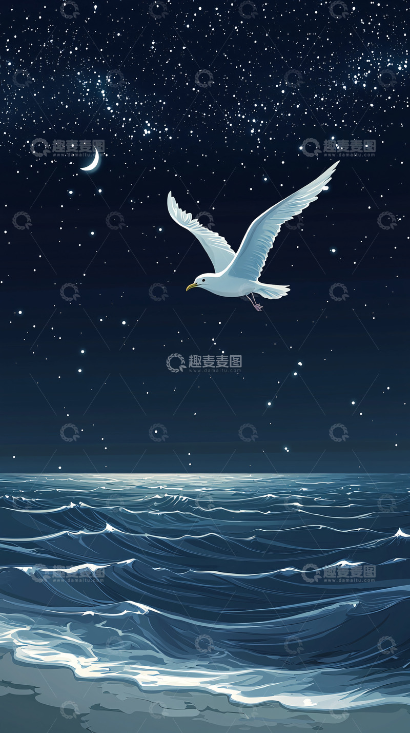 高清大图下载【趣麦麦图】夜空中飞翔的海鸥