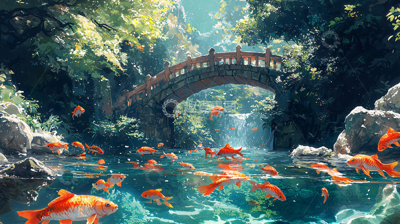 高清大图下载【趣麦麦图】梦幻小桥流水金鱼
