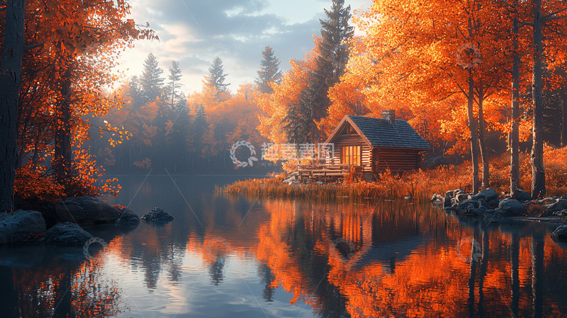 高清大图下载【趣麦麦图】秋日湖边木屋