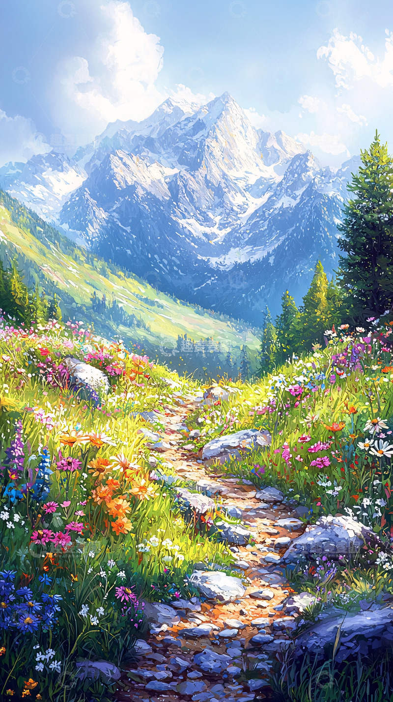 高清大图下载【趣麦麦图】山间小路鲜花盛开