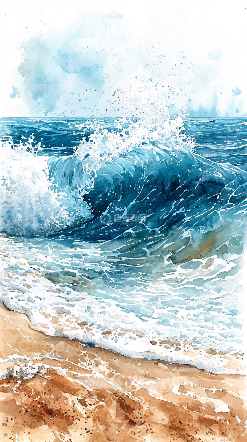 高清大图下载【趣麦麦图】水彩海浪拍打沙滩