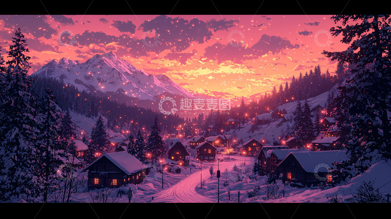 高清大图下载【趣麦麦图】雪景村庄日落