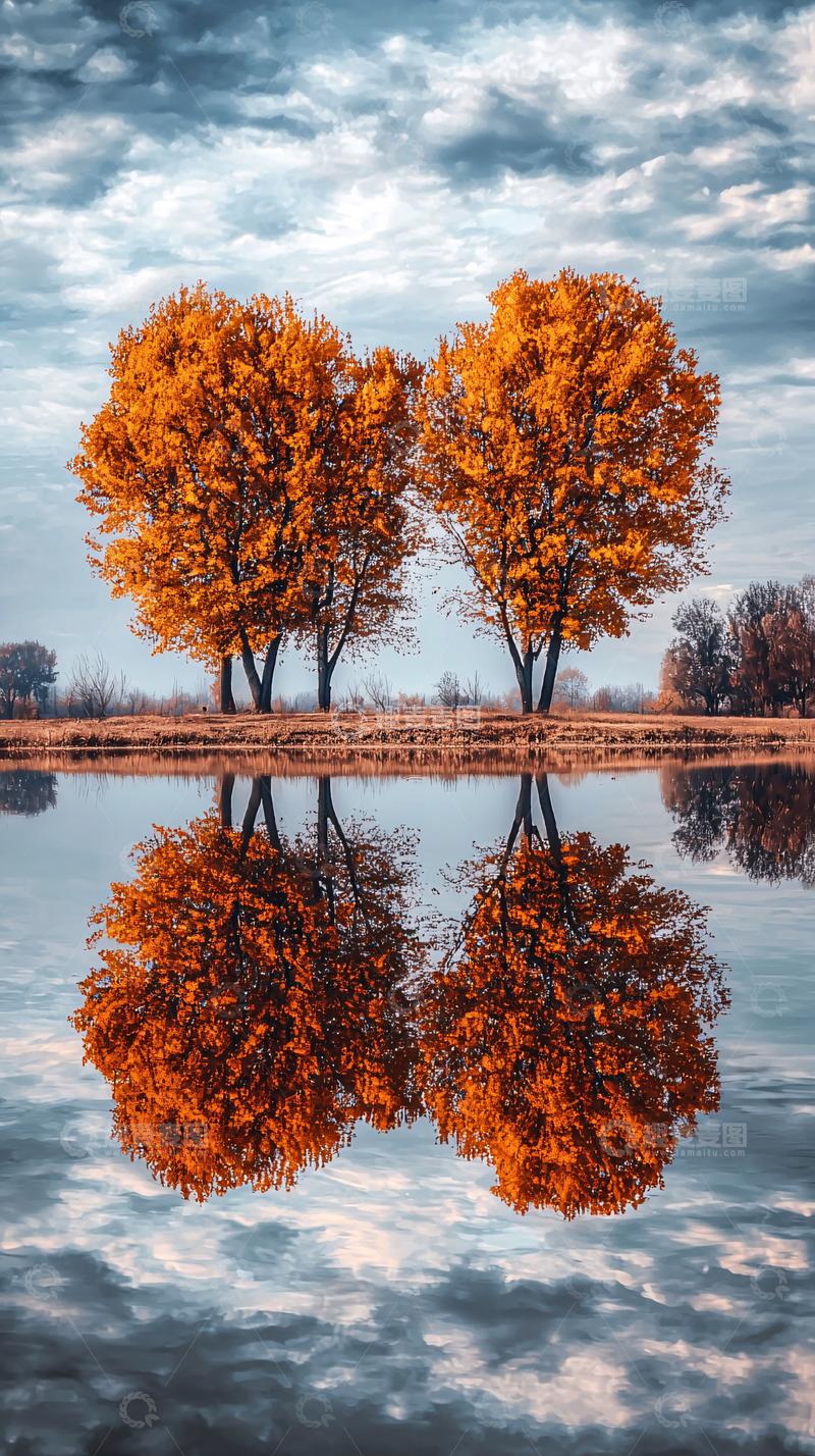 高清大图下载【趣麦麦图】秋日湖边两棵金黄树木倒影