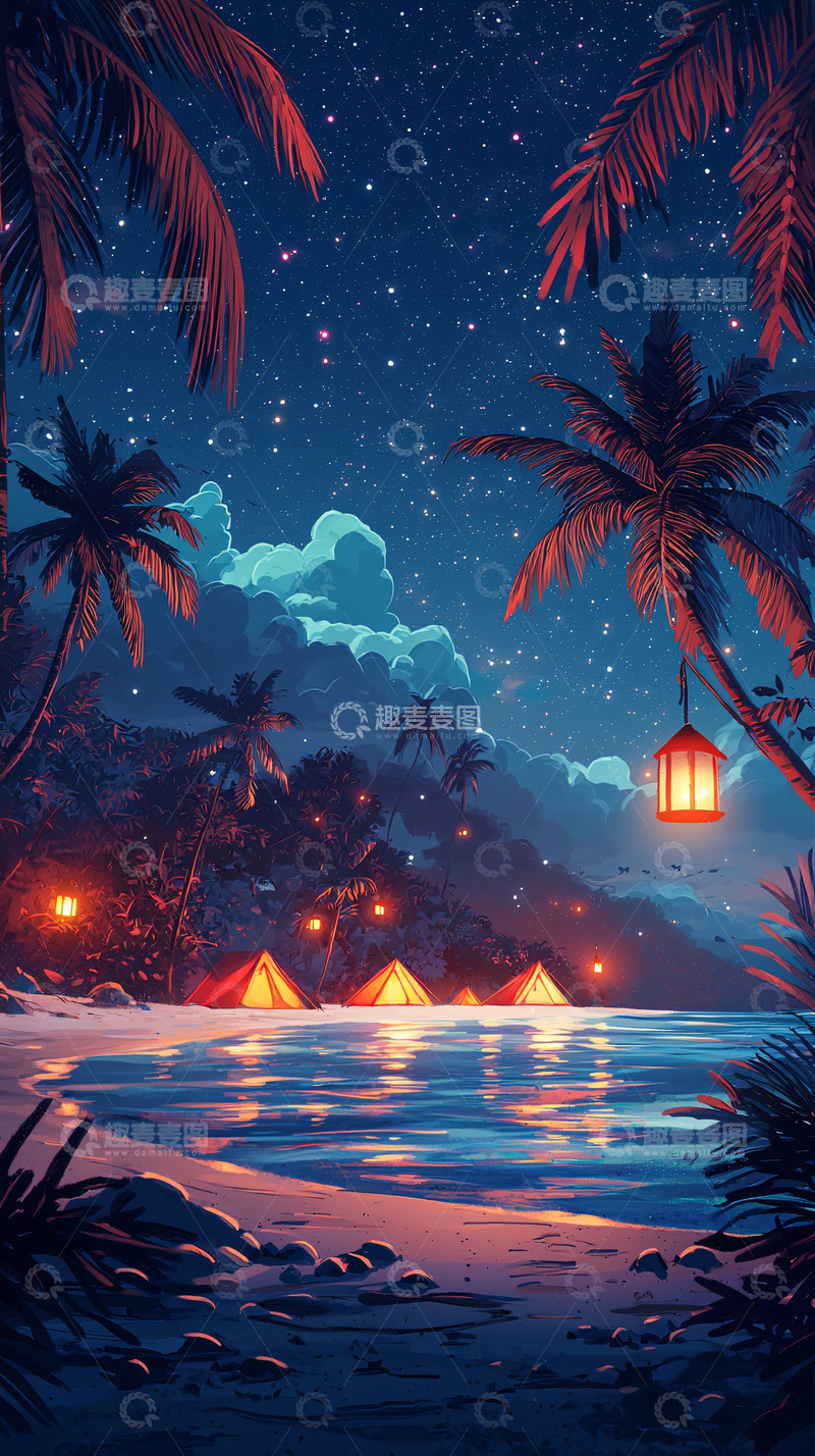 高清大图下载【趣麦麦图】星空下的海滩露营