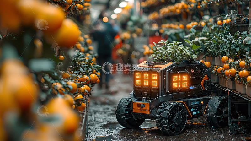 高清大图下载【趣麦麦图】橙子市场送货机器人