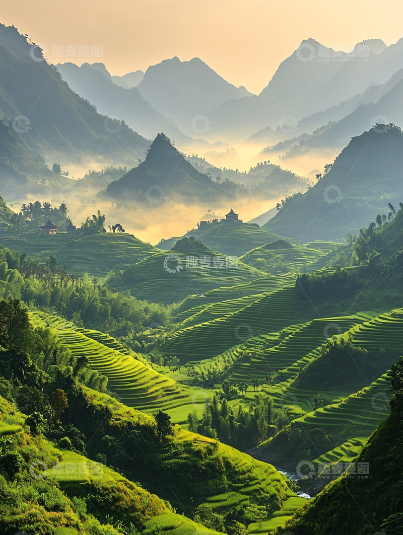 高清大图下载【趣麦麦图】雾气缭绕的山峦梯田