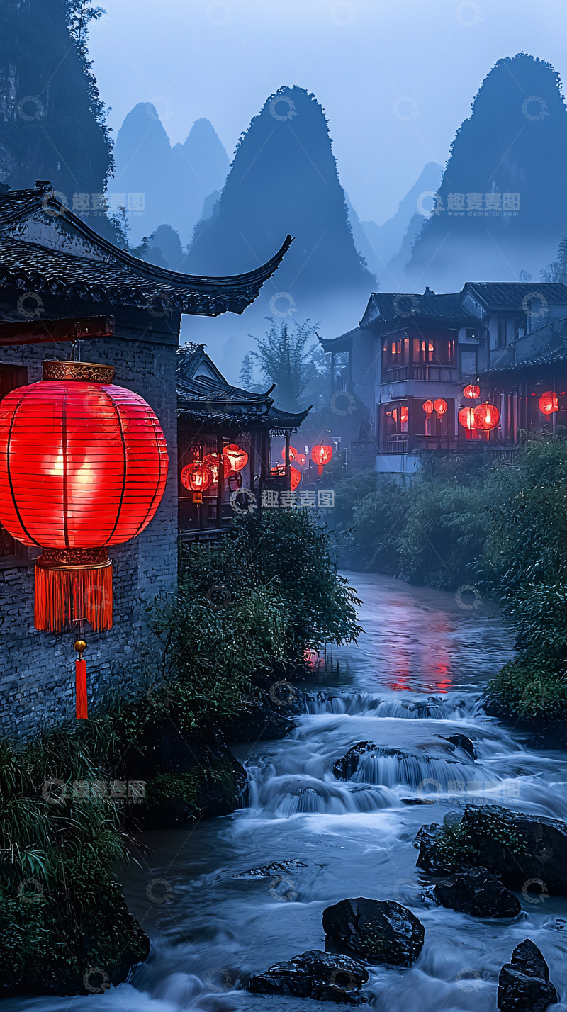 高清大图下载【趣麦麦图】雾气缭绕的古镇夜景