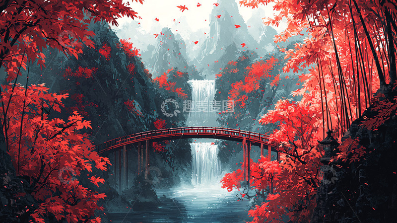 高清大图下载【趣麦麦图】红叶山水桥梁瀑布秋景