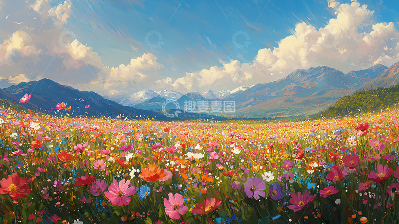 高清大图下载【趣麦麦图】彩色花海山峦风景图