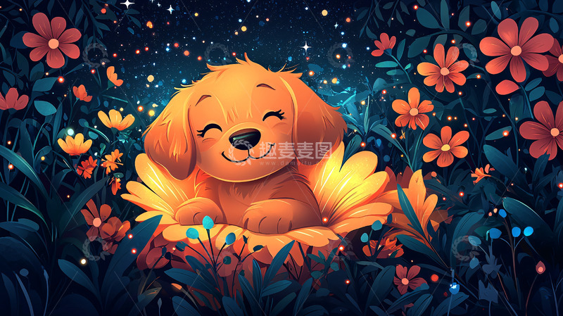 高清大图下载【趣麦麦图】金毛小狗花丛中