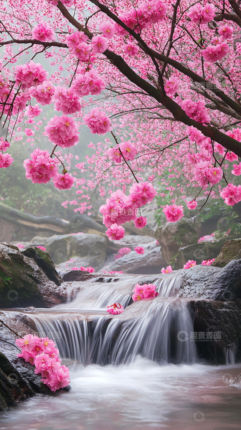 高清大图下载【趣麦麦图】粉红樱花瀑布溪流