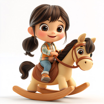 可爱卡通女孩骑木马