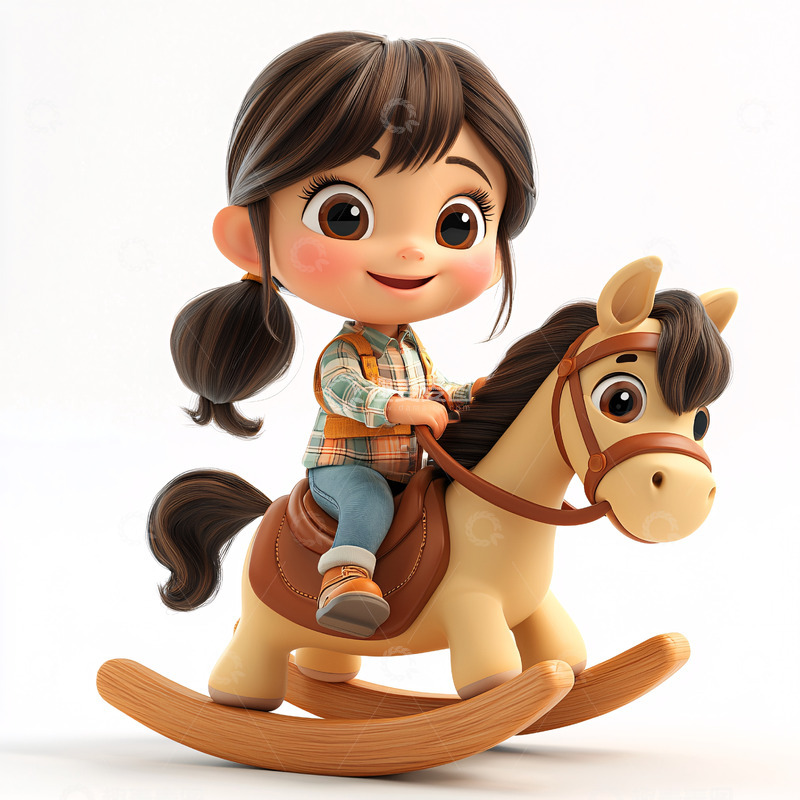 高清大图下载【趣麦麦图】可爱卡通女孩骑木马