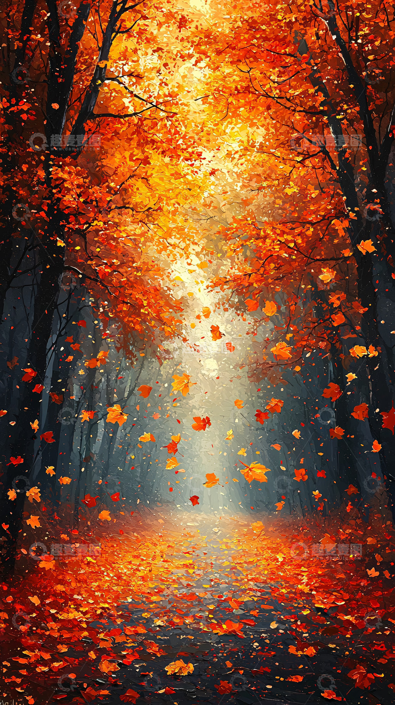 高清大图下载【趣麦麦图】秋日森林小路落叶纷飞