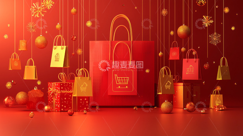 高清大图下载【趣麦麦图】红色购物袋圣诞节促销