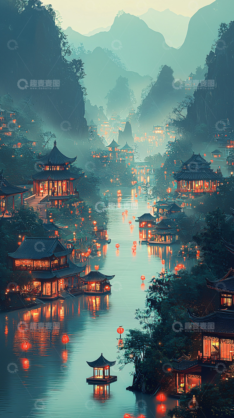 高清大图下载【趣麦麦图】中国风山水夜景建筑