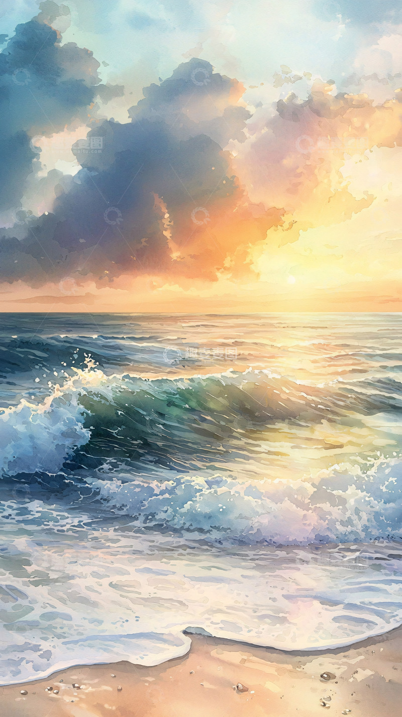 高清大图下载【趣麦麦图】海边日落水彩画