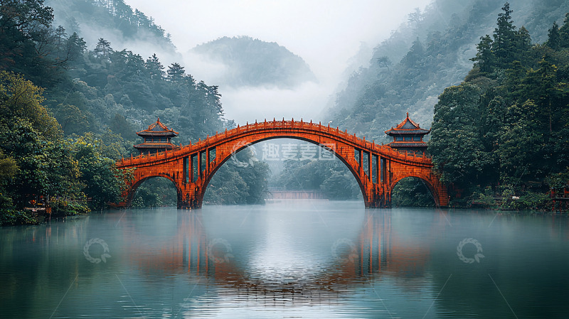 高清大图下载【趣麦麦图】雾气缭绕的红色拱桥