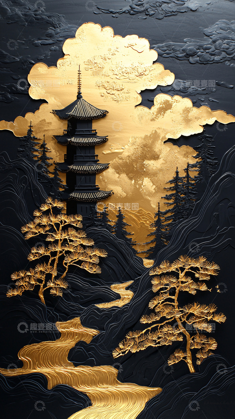 高清大图下载【趣麦麦图】金色宝塔山水画