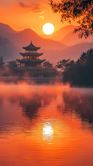 中国古典建筑日出